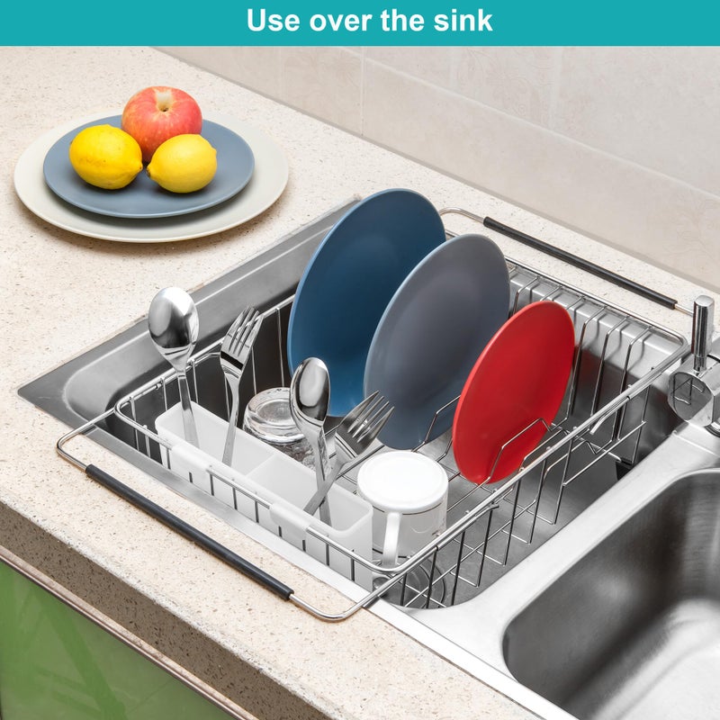 iPEGTOP Expandable Multifunctional Dish Drying Rack, Over The Sink, in Sink Or On Counter Dish Drainer Rack Organizer Shelf with White Utensil Silverware Holder, Rustproof Stainless Steel - Image 4